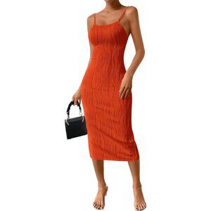 Womens Orange Summer Spaghetti Strap Sleeveless Knit Tight Fitted Dress